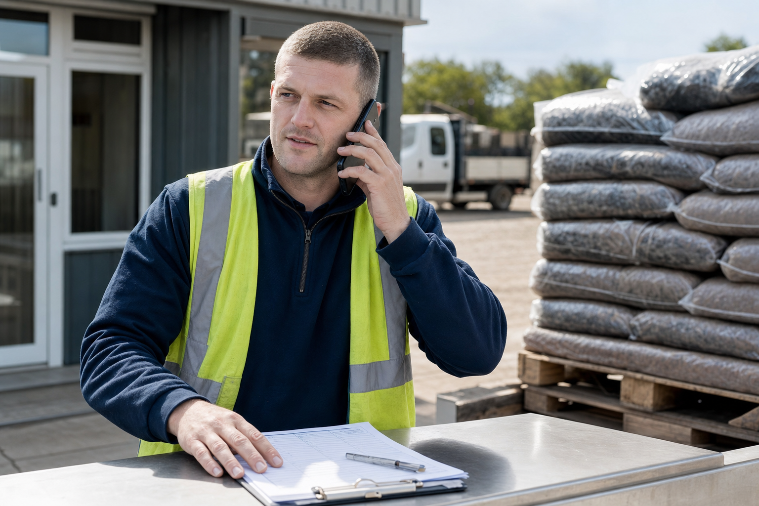 Man in a high-visibility vest talks on a mobile phone while holding a clipboard outdoors near pallets.