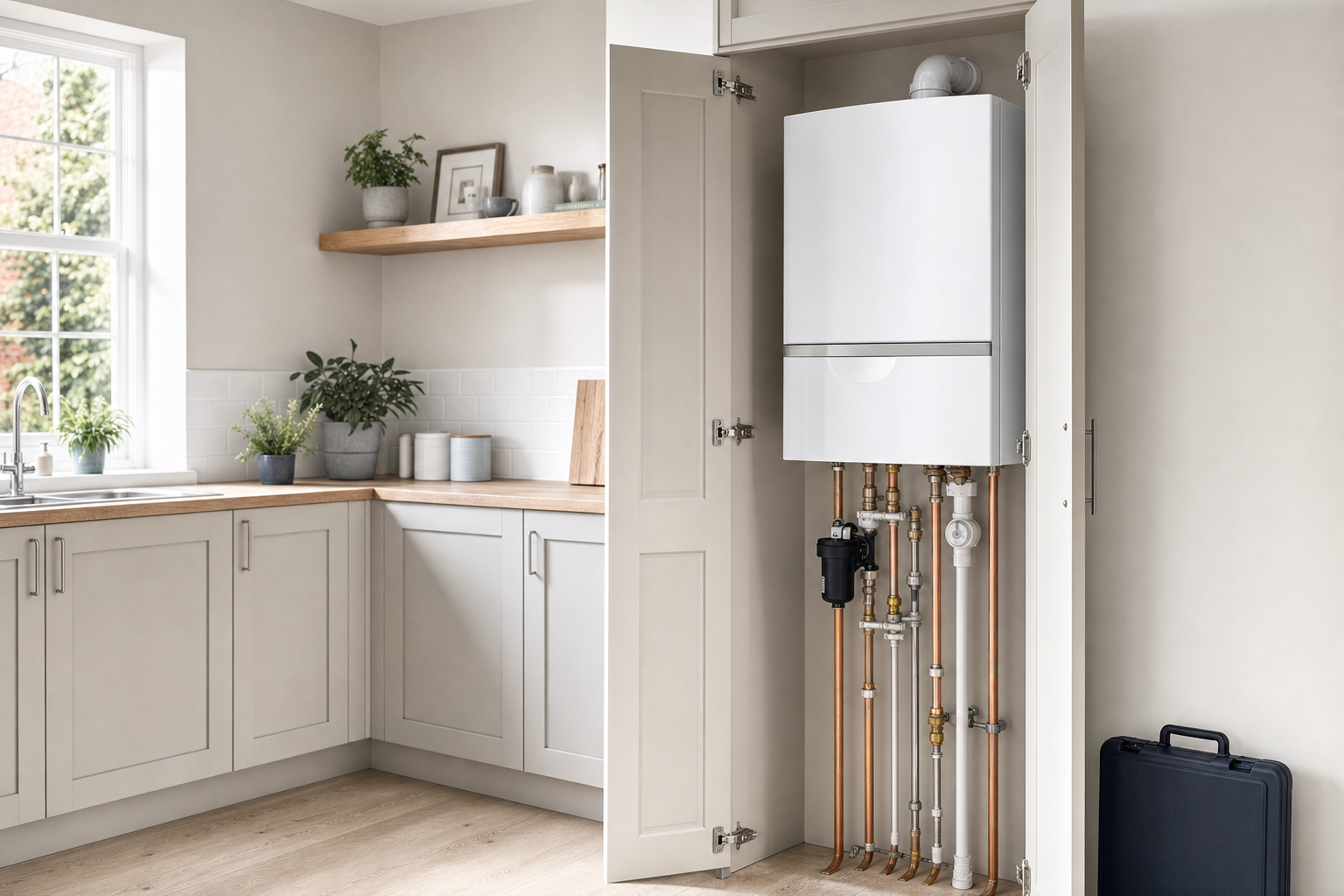 A modern boiler is installed in a neatly organised kitchen cupboard with sleek cabinetry and potted plants on wooden shelves.