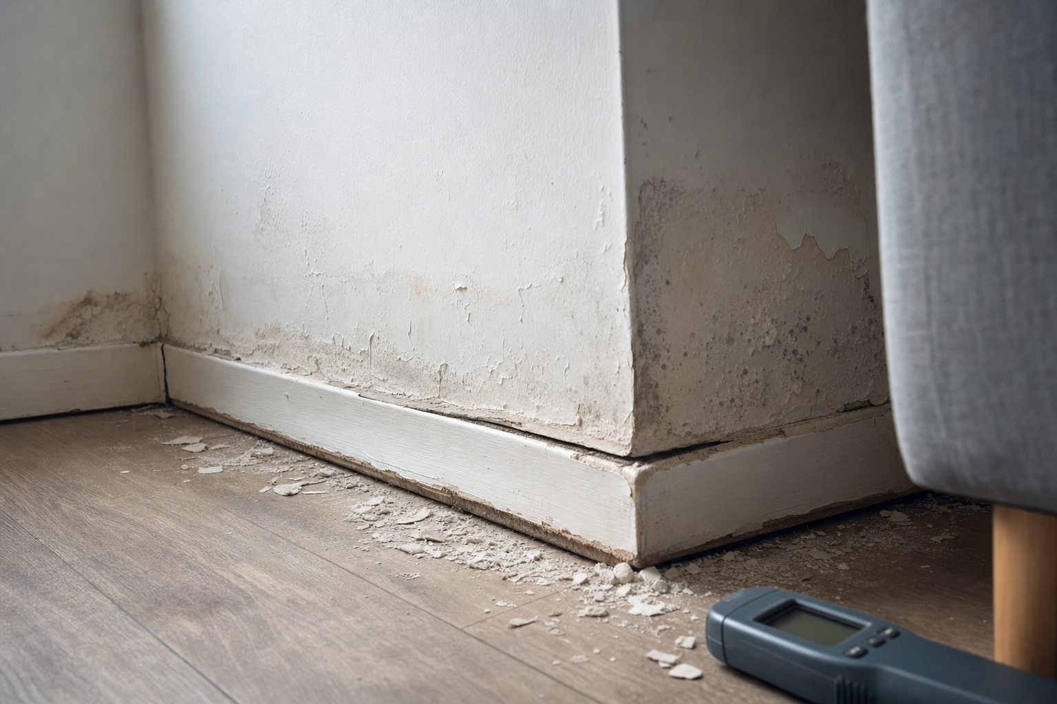 Peeling plaster and damp damage visible on a wall corner with a moisture meter on the floor.