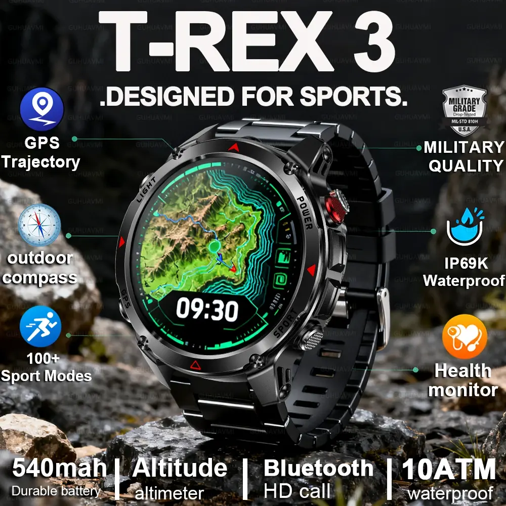 T-Rex 3 GPS Smart Watch 10ATM IP69K Waterproof Clock Compass Altimeter H