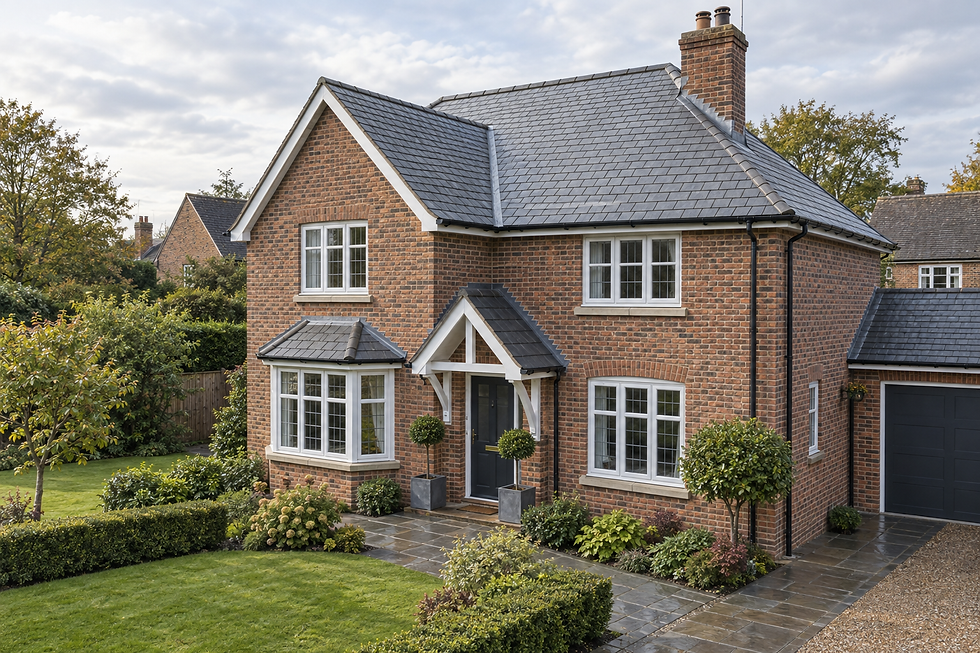 Two-storey brick house with a grey tiled roof, white window frames, and a paved front garden path.
