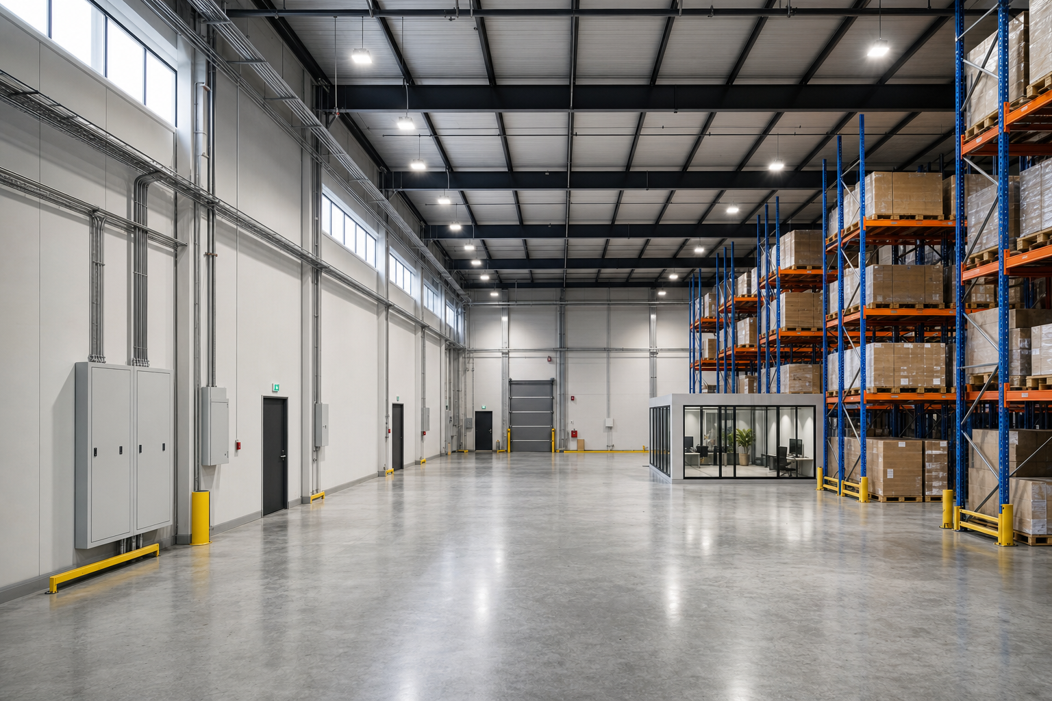 Spacious warehouse interior with high ceilings, shelves of neatly stacked boxes, and a glass-enclosed office space.