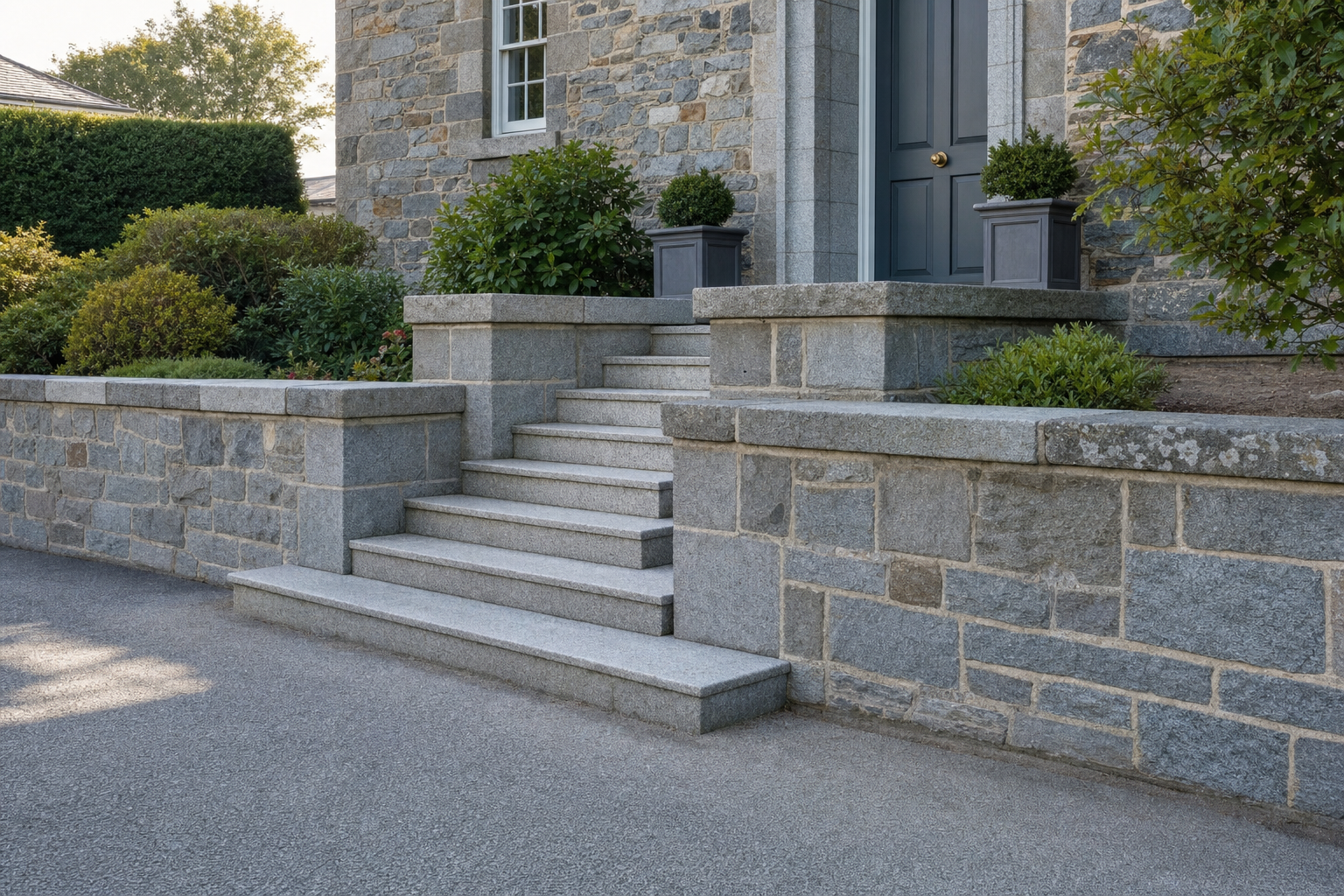 Stone steps and a grey front door with decorative plants lead to a traditional stone house.