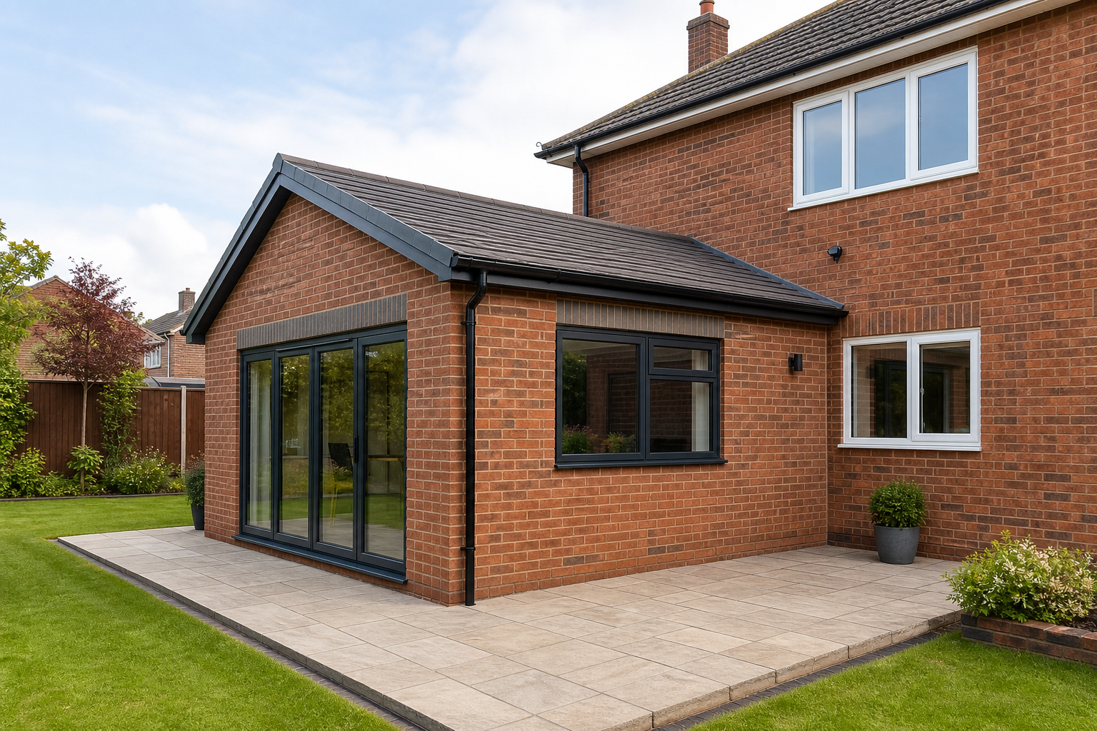 A modern orange brick house extension with large glass sliding doors and a neatly paved patio.