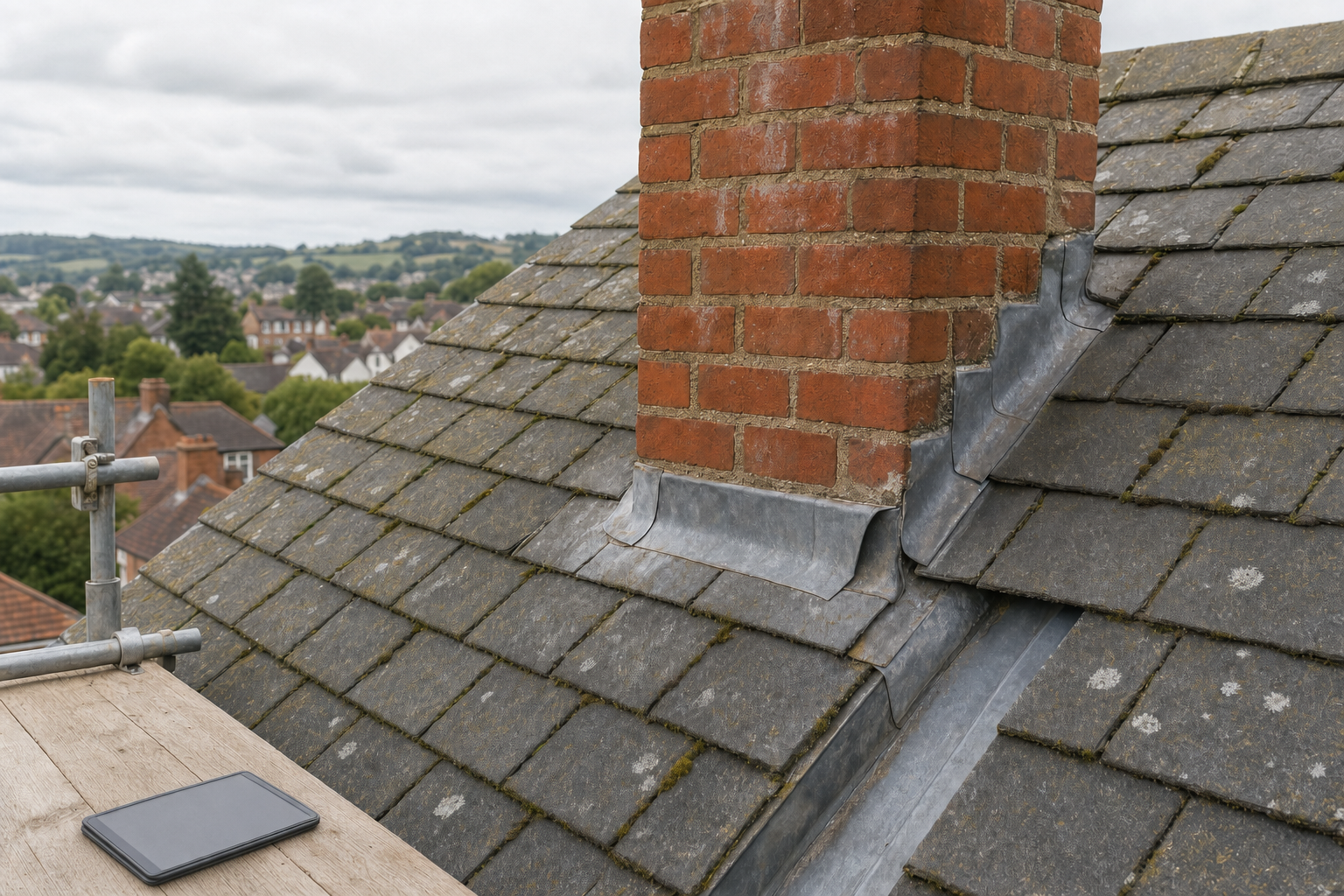 A brick chimney surrounded by slate roof tiles with metal flashing, set against a backdrop of a suburban landscape.