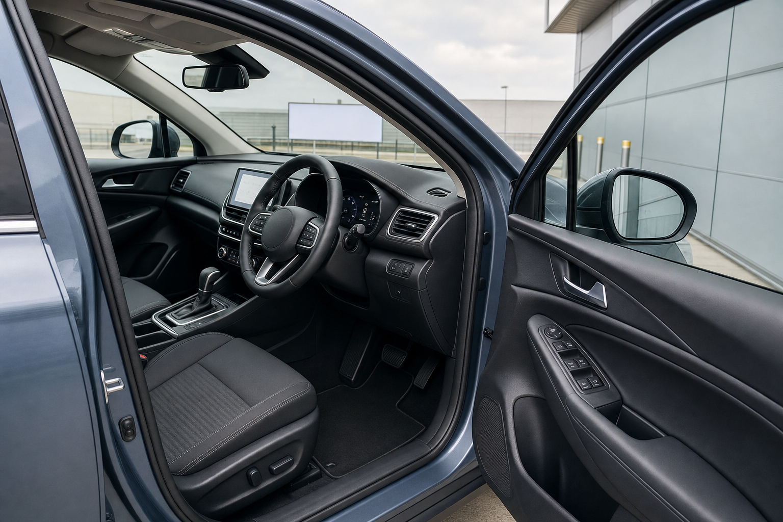 The interior of a modern car with a focus on the driver's seat, steering wheel, and dashboard controls.