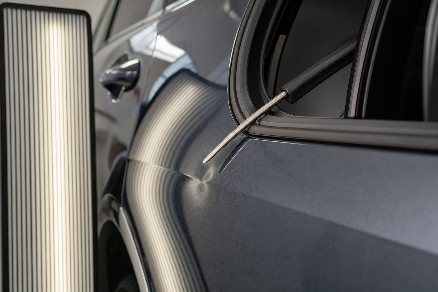 A car door with dent removal tools and a reflection analysis panel.