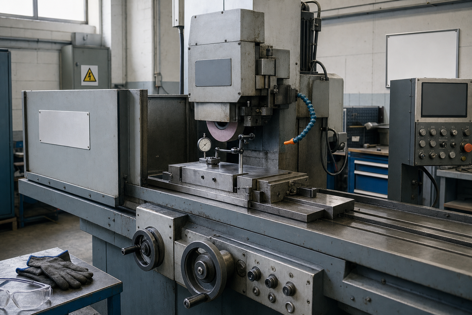 Industrial milling machine in a workshop with control panel, dial indicator, and safety gear nearby.