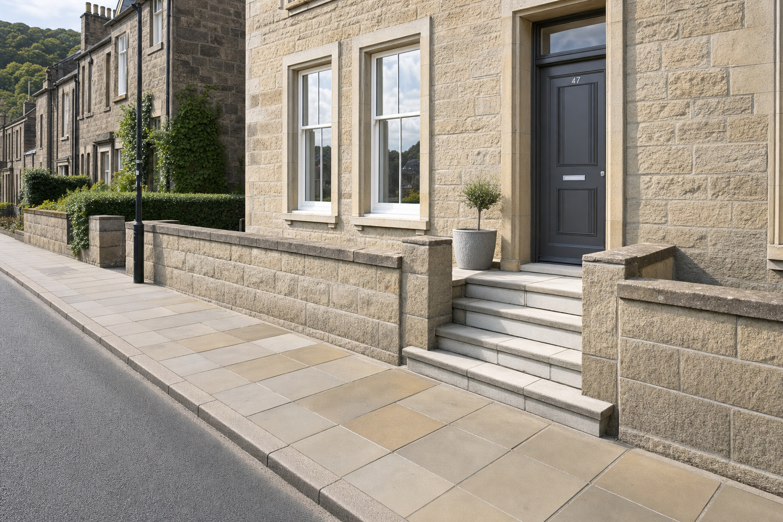 Stone terraced house with steps leading to a dark grey door, set on a quiet street with neatly paved pavement.