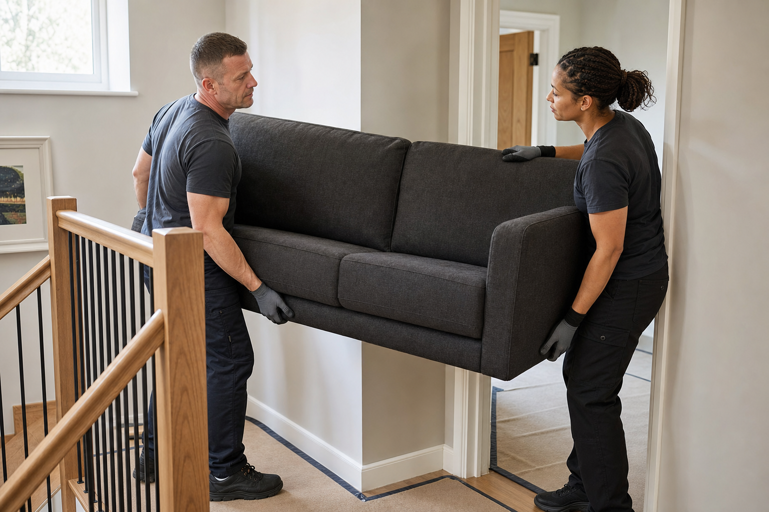 Two people carefully carry a dark grey sofa through a narrow doorway in a modern home.