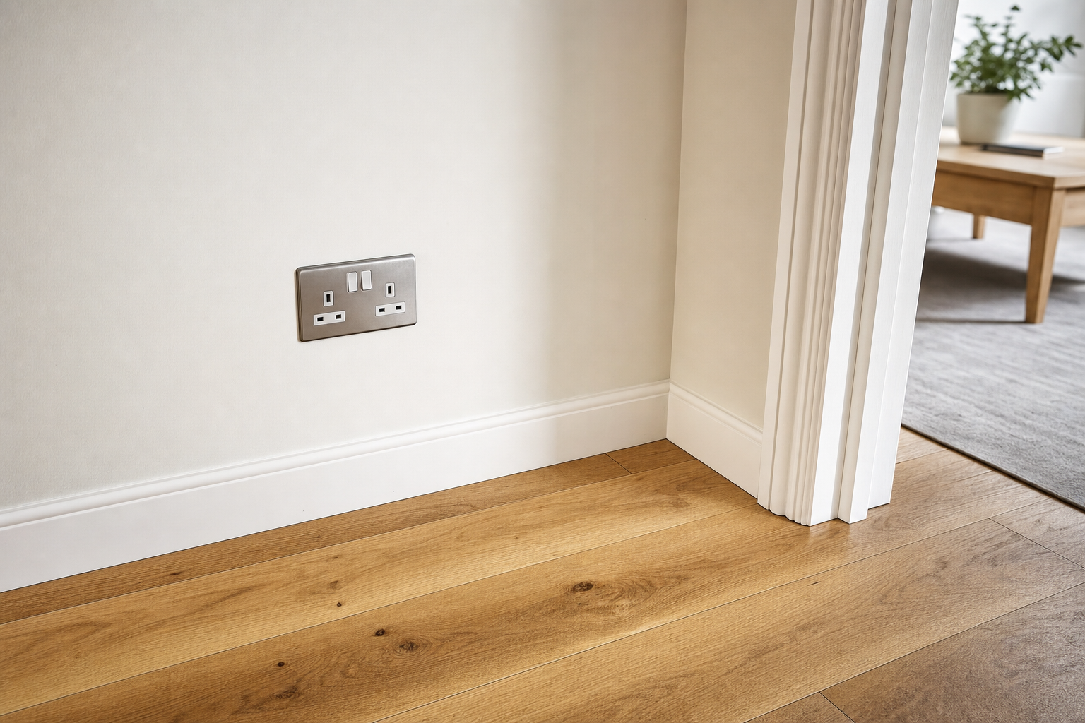A modern double power socket on a cream wall with wooden flooring and a glimpse of a living room.