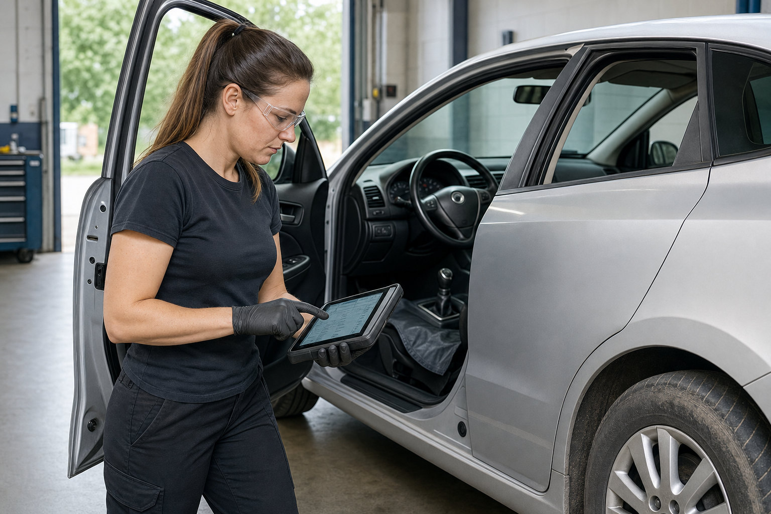 A female mechanic using a digital tablet while inspecting the interior of a silver car in a garage.
