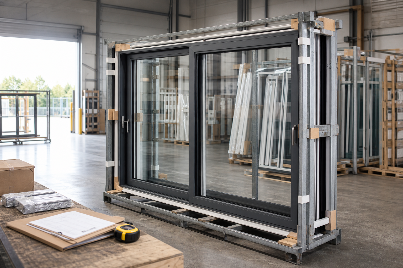 Large glass sliding door stored in a warehouse with tools and documents on a nearby table.