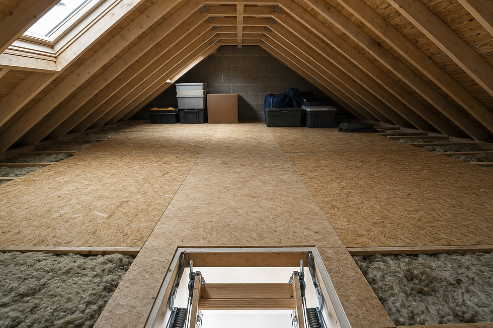 A spacious loft with wooden beams, skylight, and neatly arranged storage boxes on plywood flooring.