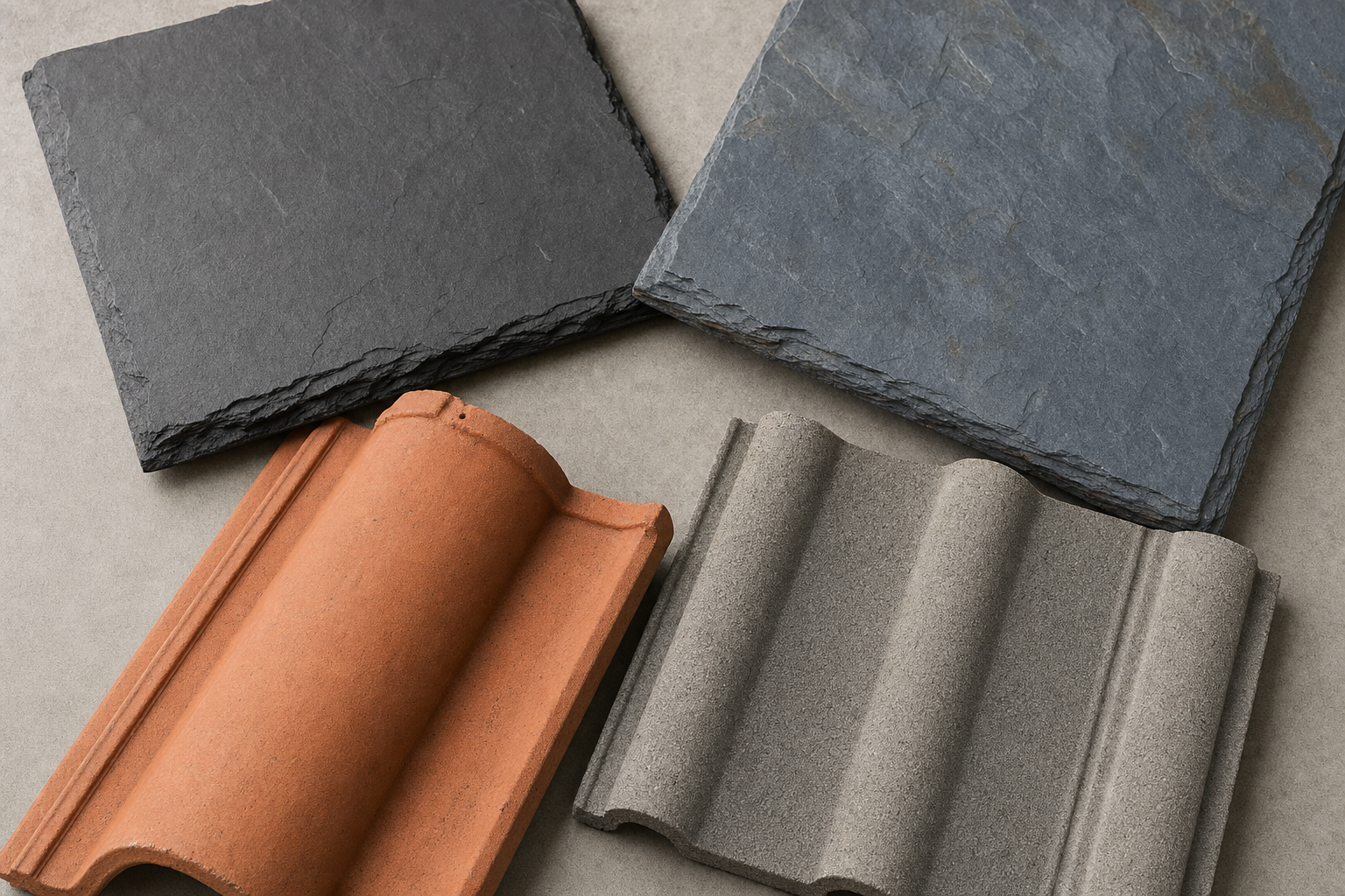 Four roofing materials displayed on a grey background, including slate tiles and clay roof tiles.