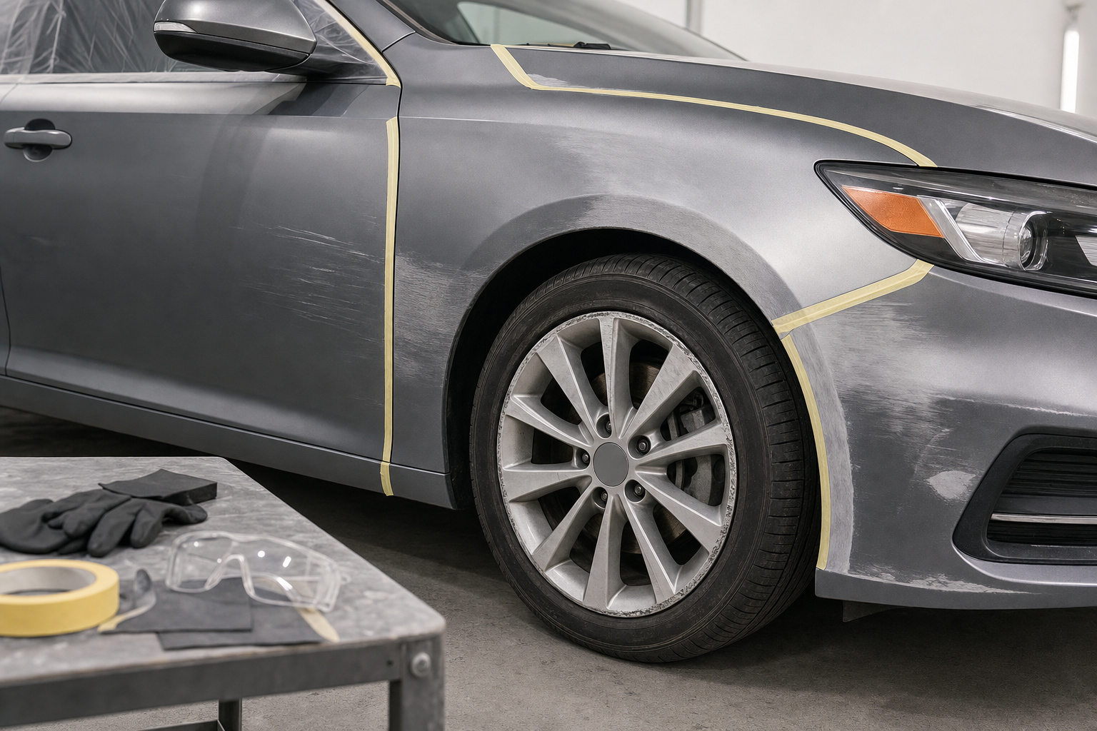 A grey car is prepped for painting, with taped edges and a worktable holding gloves, goggles, and masking tape nearby.