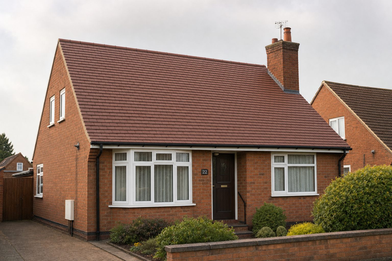 Red-brick bungalow with a tiled roof and a neatly maintained front garden on a quiet residential street.