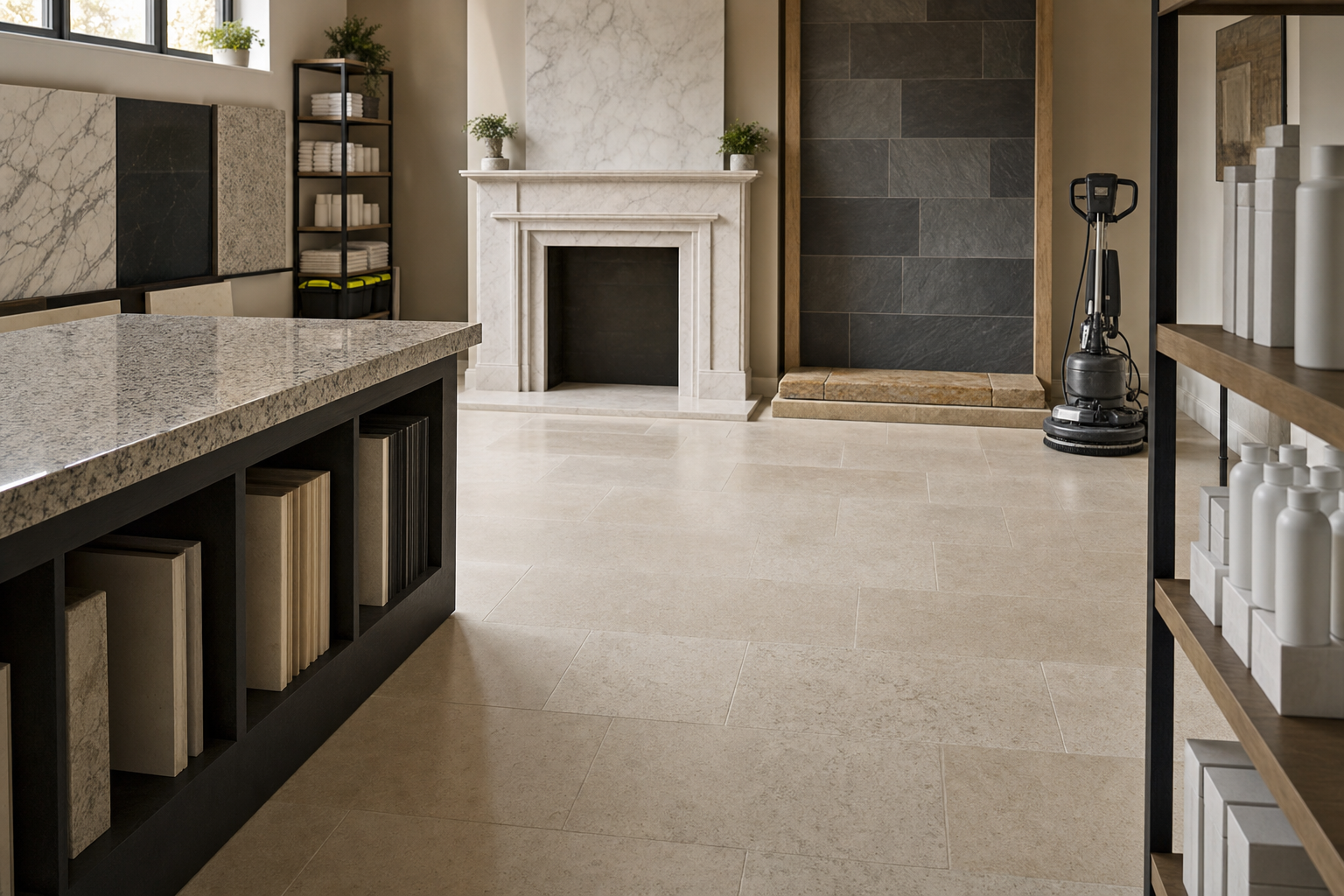 Elegant showroom featuring a marble fireplace, stone samples, and a floor polisher.