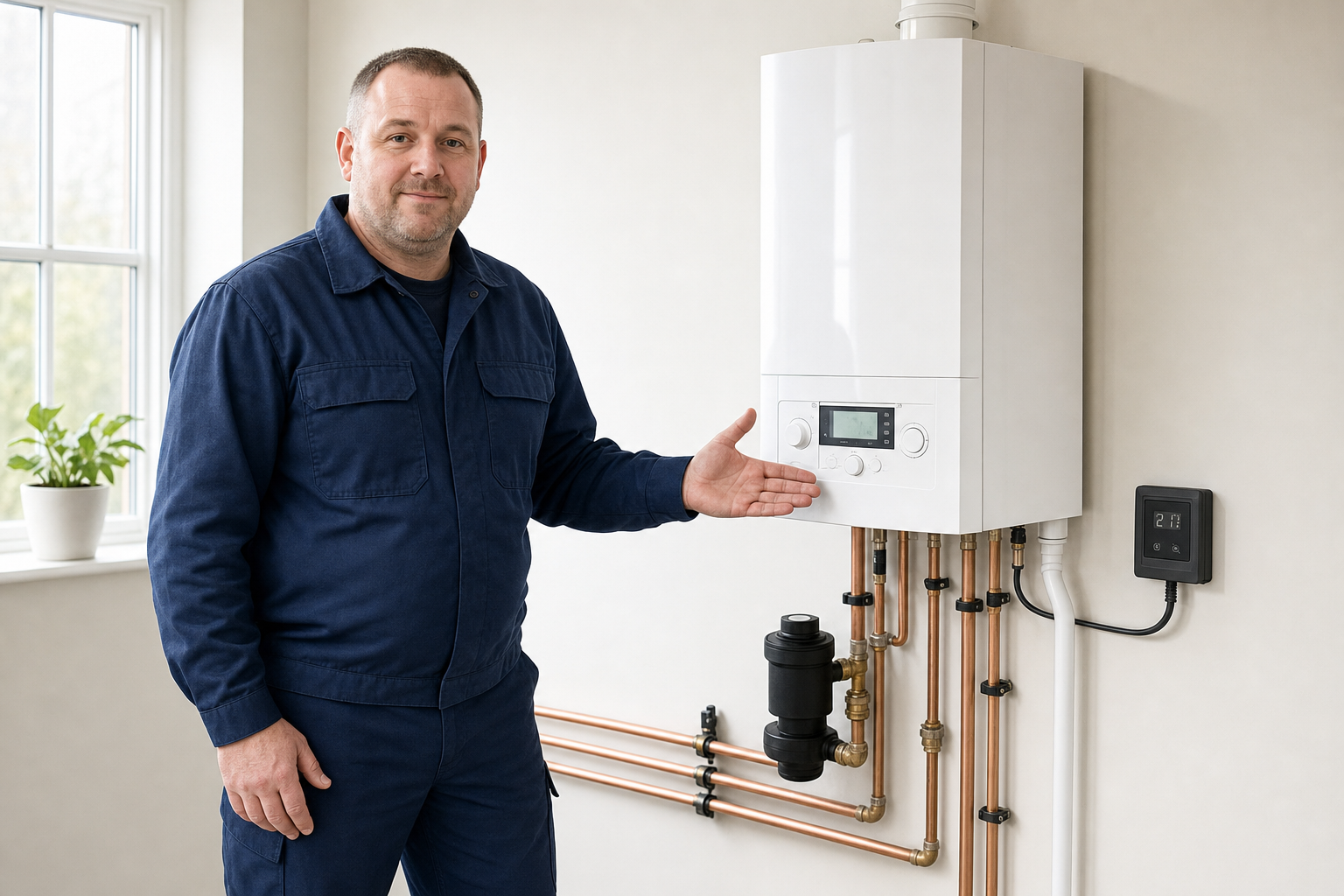 Engineer in a blue uniform demonstrating a white boiler unit with copper piping in a bright room.