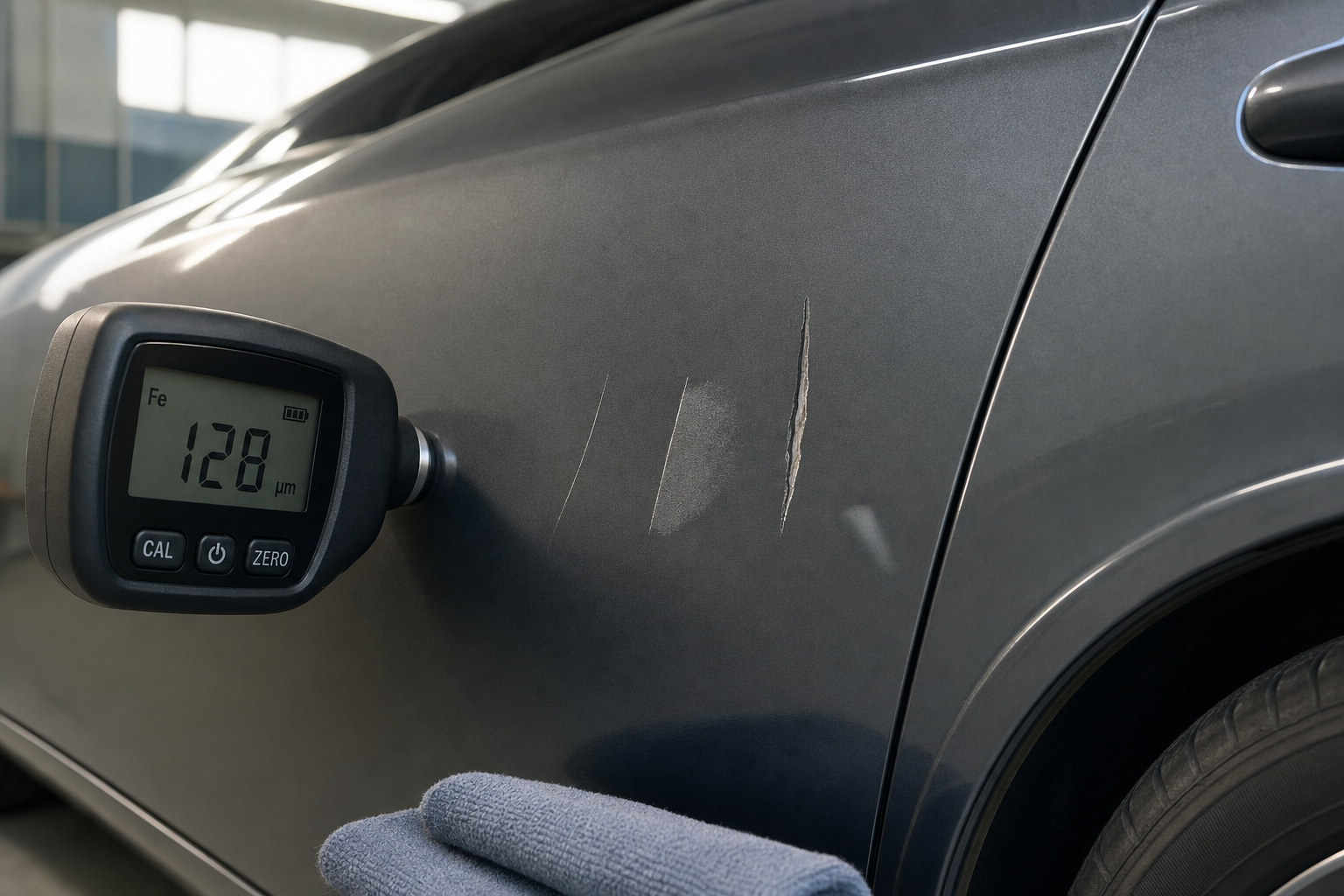 Digital paint thickness gauge measuring a scratched car's surface with a blue cloth visible.