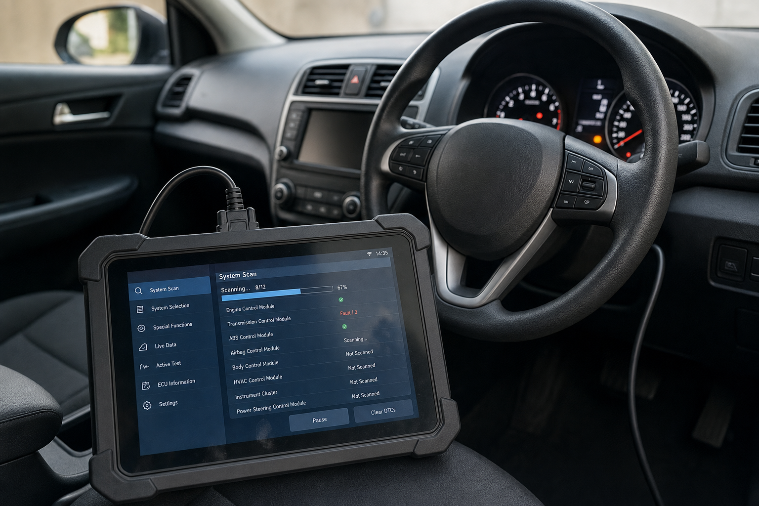 A car diagnostic tablet is connected inside a vehicle, displaying a system scan in progress on the dashboard.