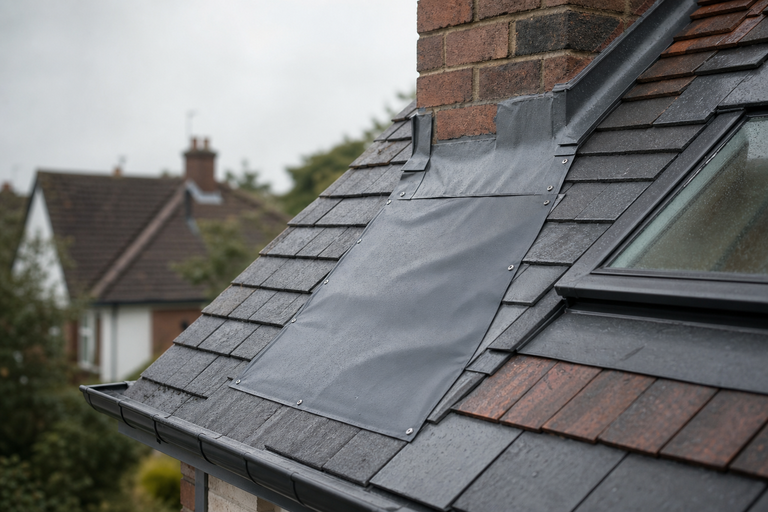 A grey tarpaulin covers part of a slate roof next to a chimney and a skylight on a rainy day.