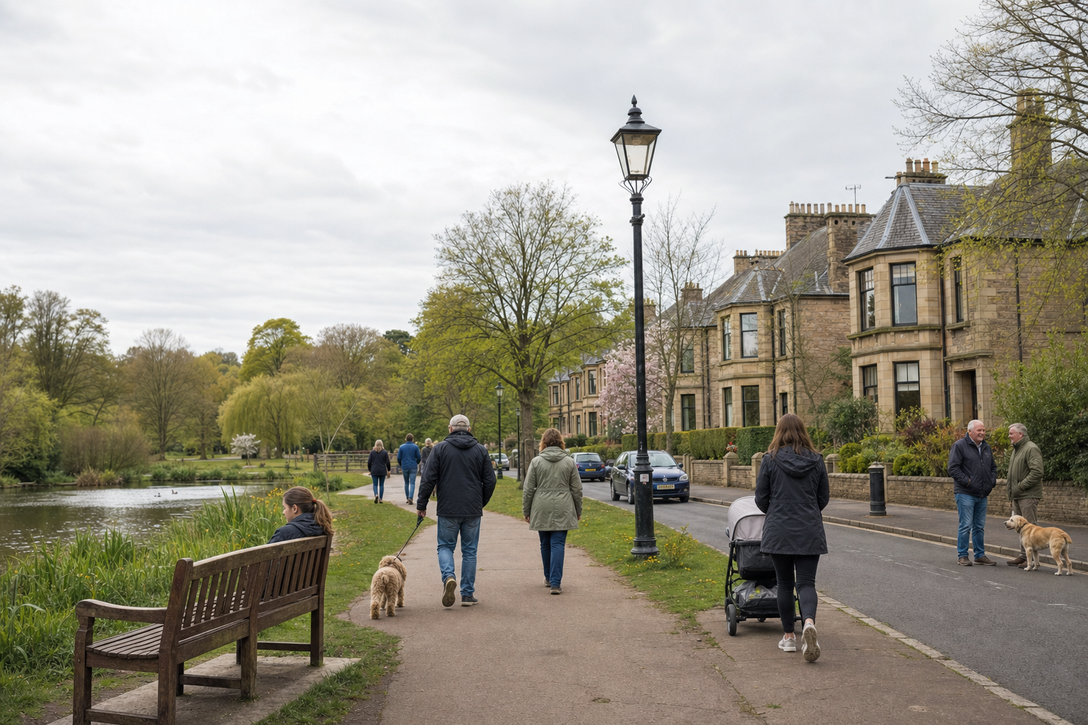 People walking with dogs and a pram along a tree-lined path beside a pond and traditional stone houses.