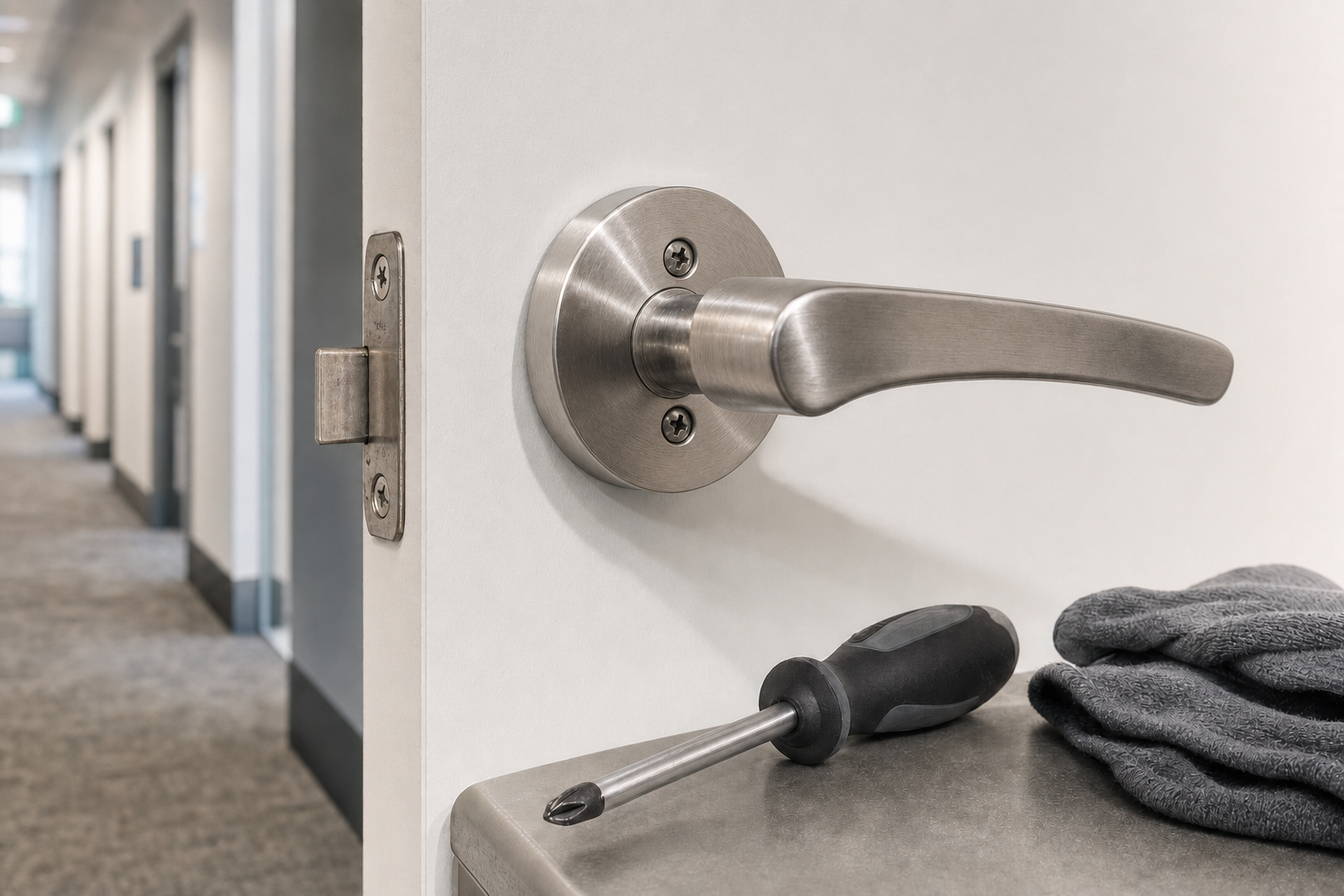 Polished metal door handle attached to an open door, with a screwdriver and cloth on a nearby counter.