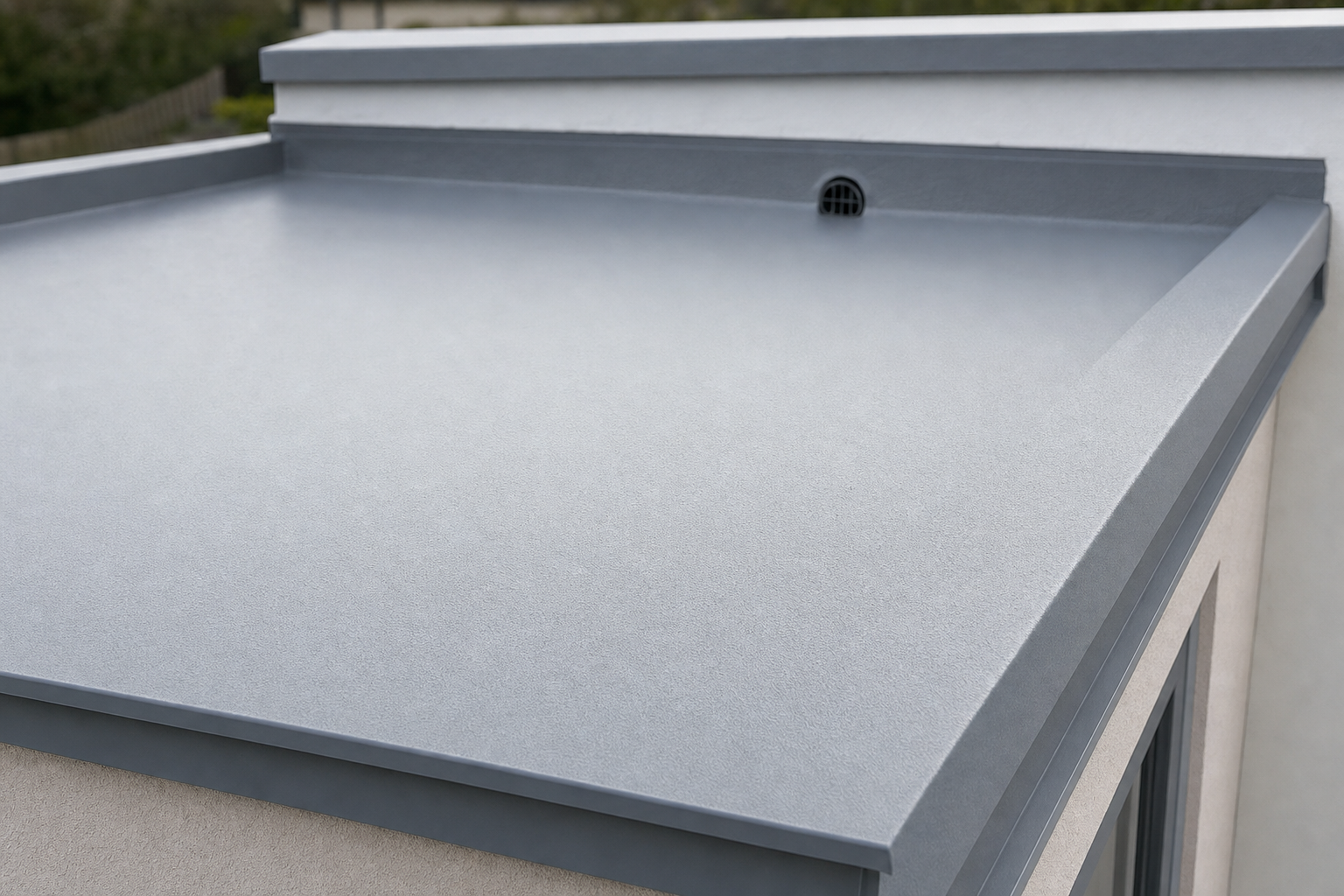 Modern grey flat roof with a small drainage vent, set against a blurred background.