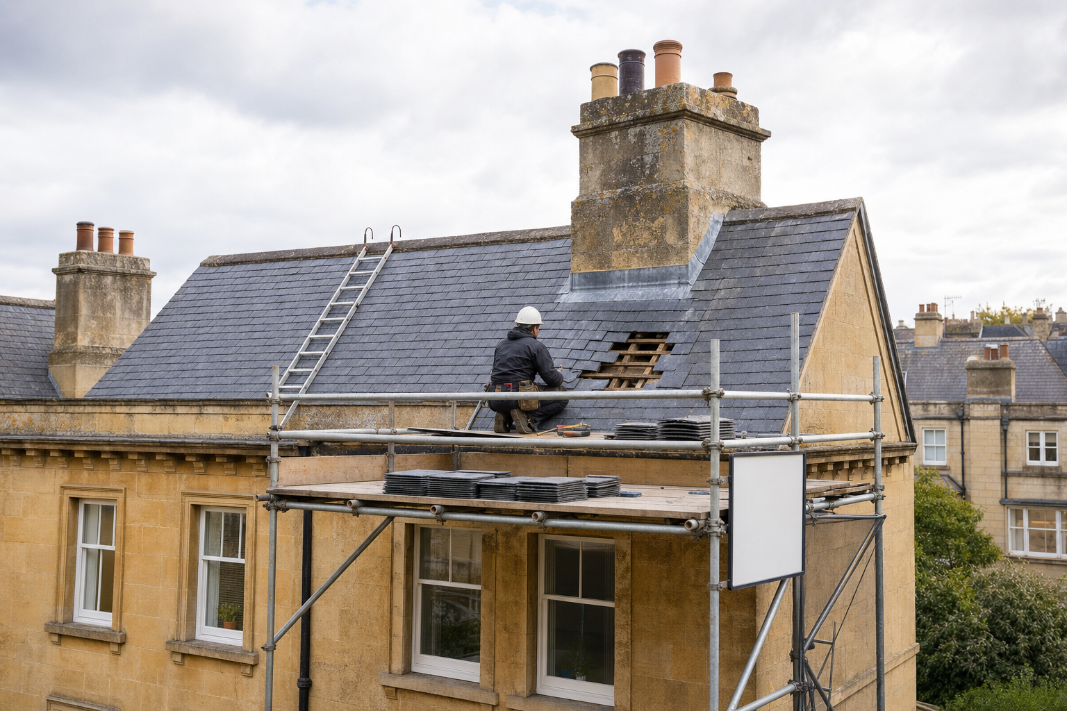 A worker repairs the slate roof of a historic building using scaffolding and a ladder.