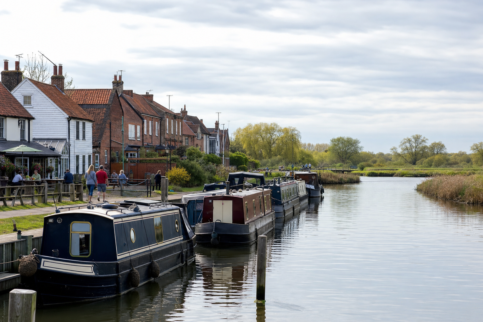 Moored canal boats along a quaint British village waterfront with people enjoying a leisurely stroll.