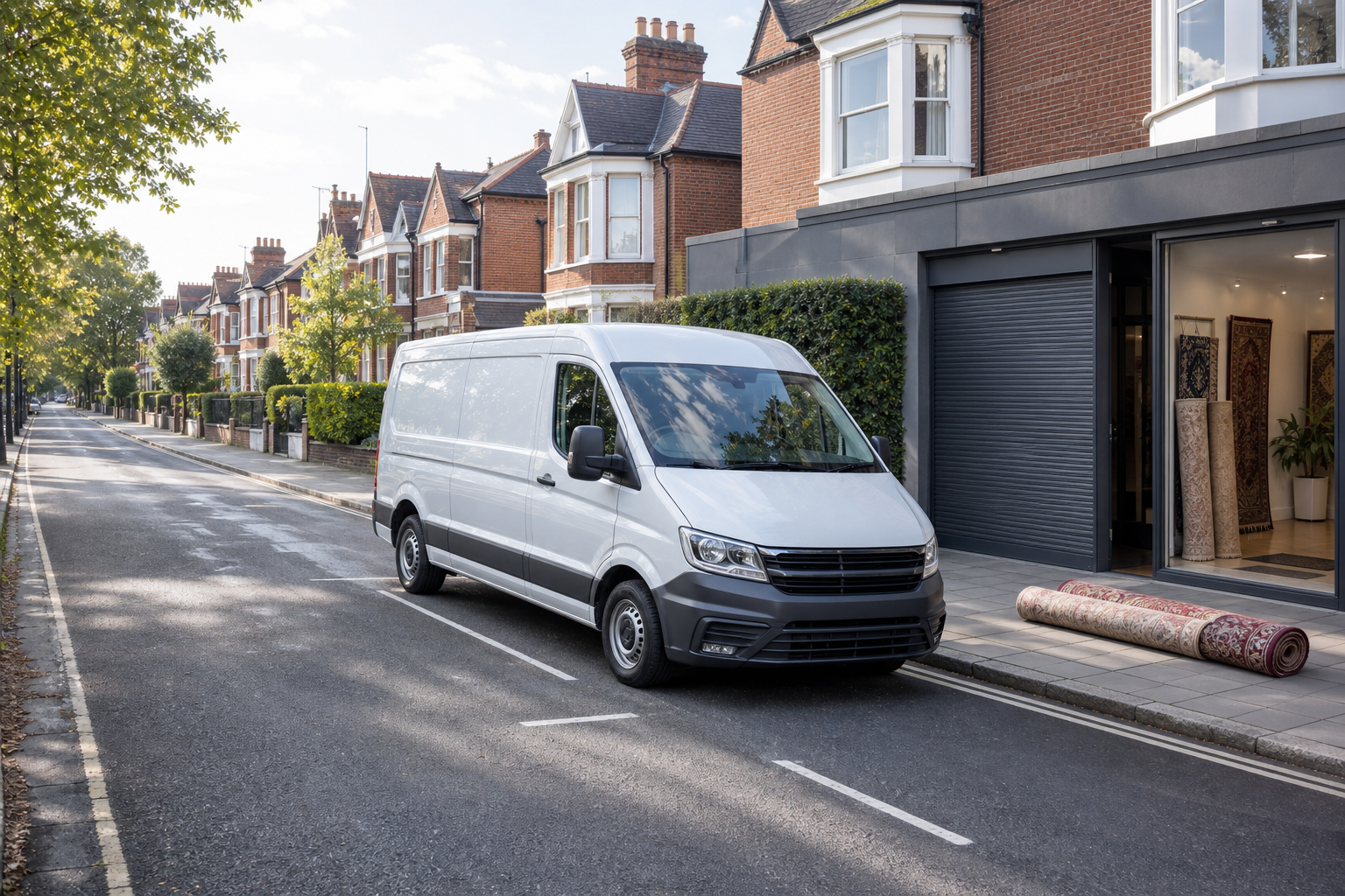 White delivery van parked on a street next to a shop displaying rolled carpets, with a row of brick terraced houses in the background.