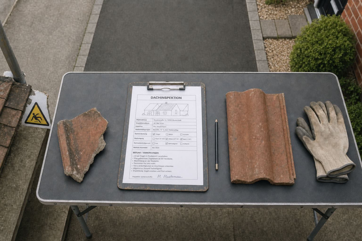Roof inspection materials including a clipboard, pencil, roof tiles, and gloves arranged on a table.