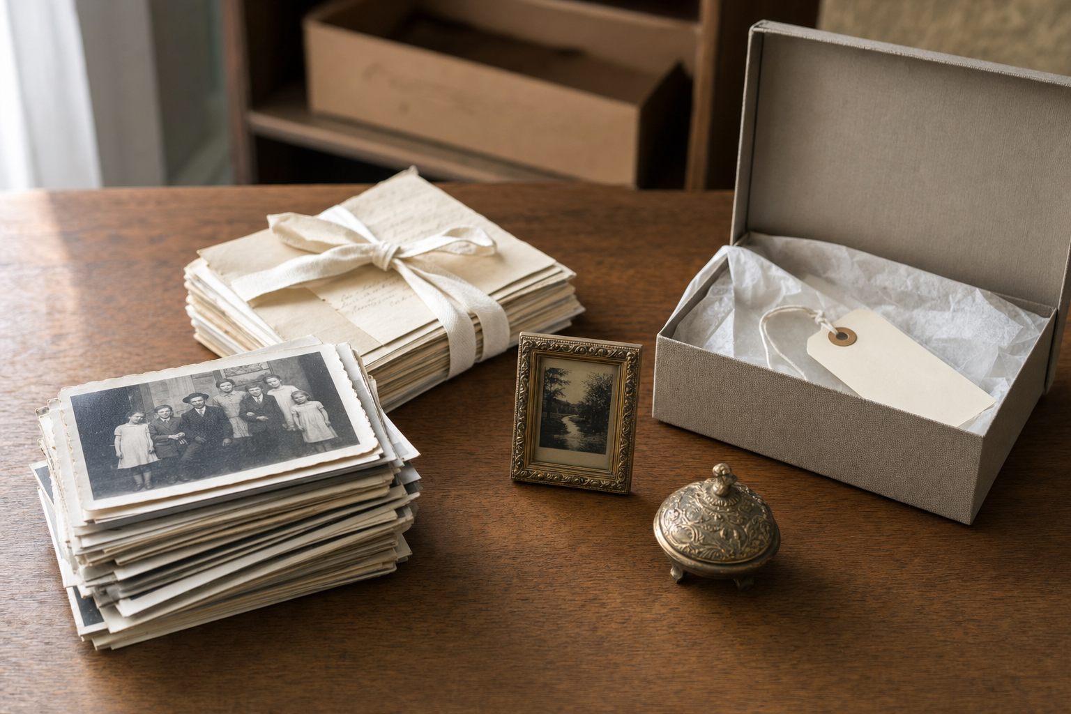 Stacks of vintage photographs and letters tied with ribbon next to a small framed picture and an ornate box on a wooden table.