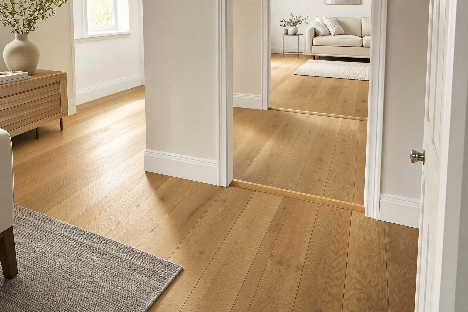 Spacious modern hallway with light wooden flooring and a glimpse into a cosy living room with a beige sofa.