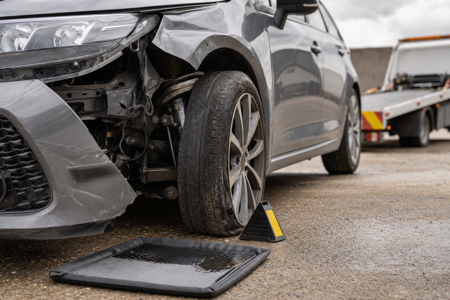 Damaged car with a flat tyre and exposed front wheel, prepared for loading onto a tow truck in a concrete area.