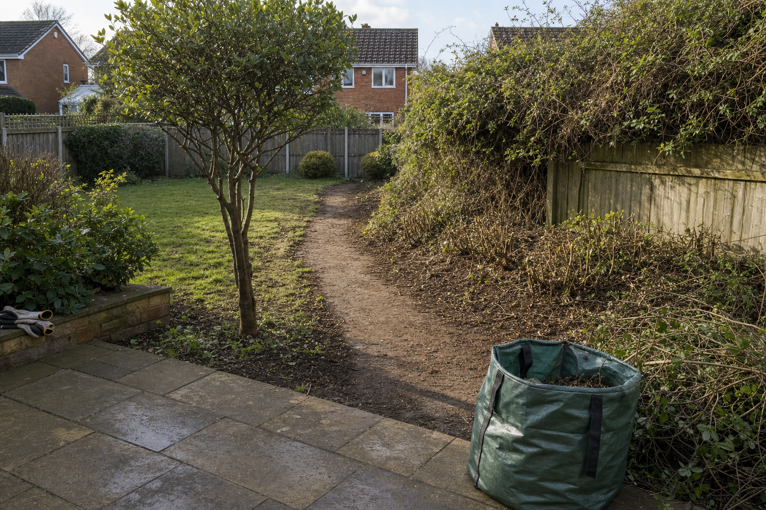 A garden with a tree, a dirt path, a fence, and a green bag full of garden waste on a stone patio.