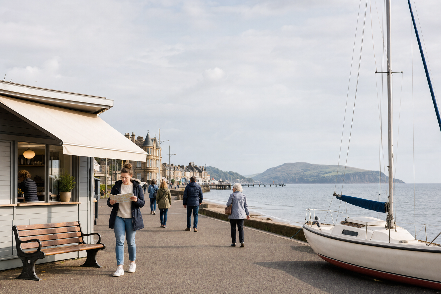 A coastal promenade with a kiosk, people walking, and a sailboat beside the sea.