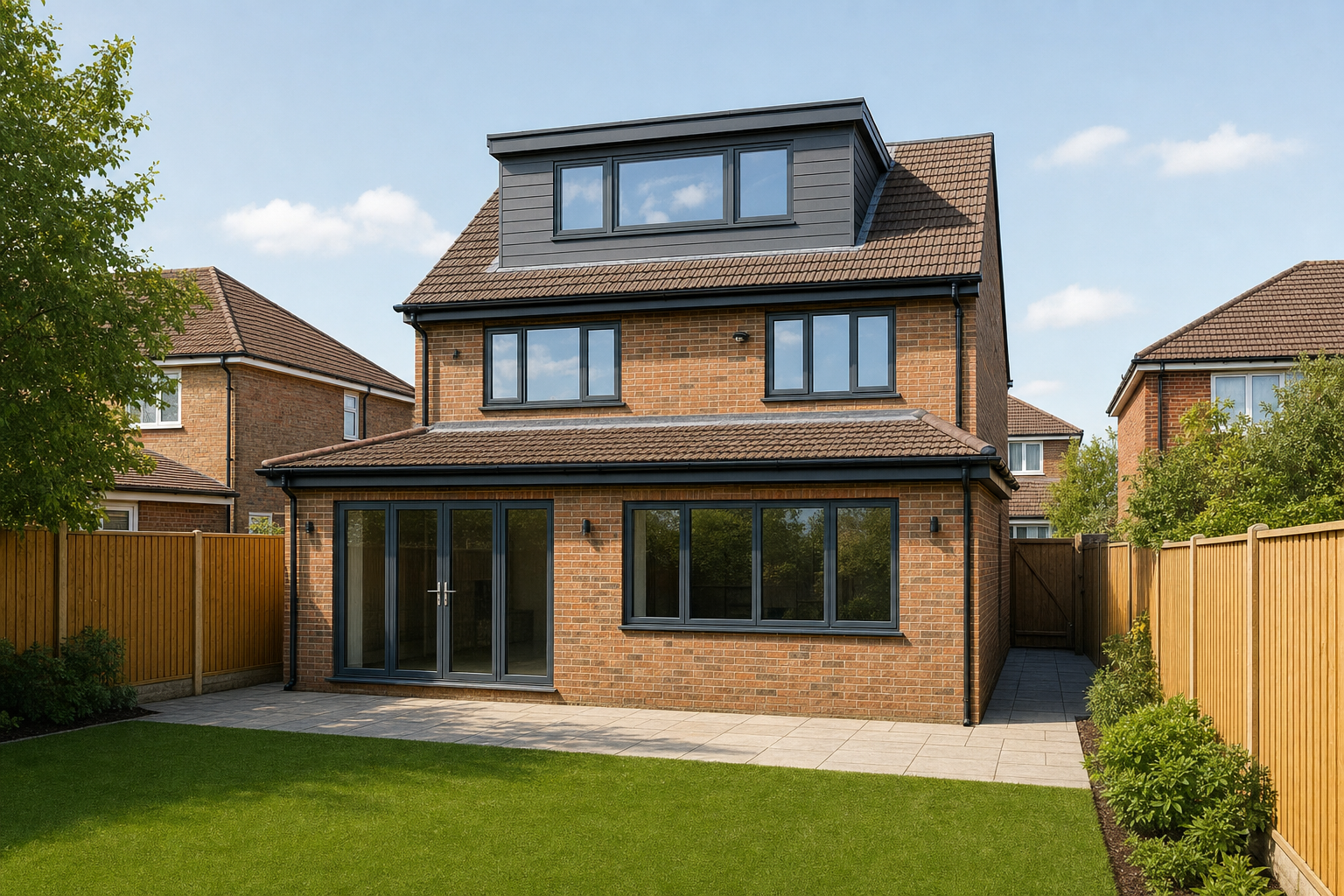 Two-storey brick house with a loft conversion and a fenced garden under a clear blue sky.