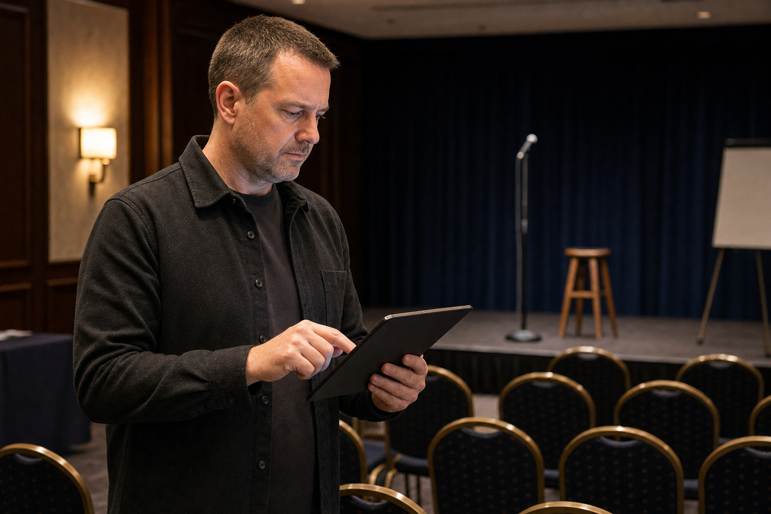 Man using a tablet in an empty conference room with a microphone stand and stool on stage.