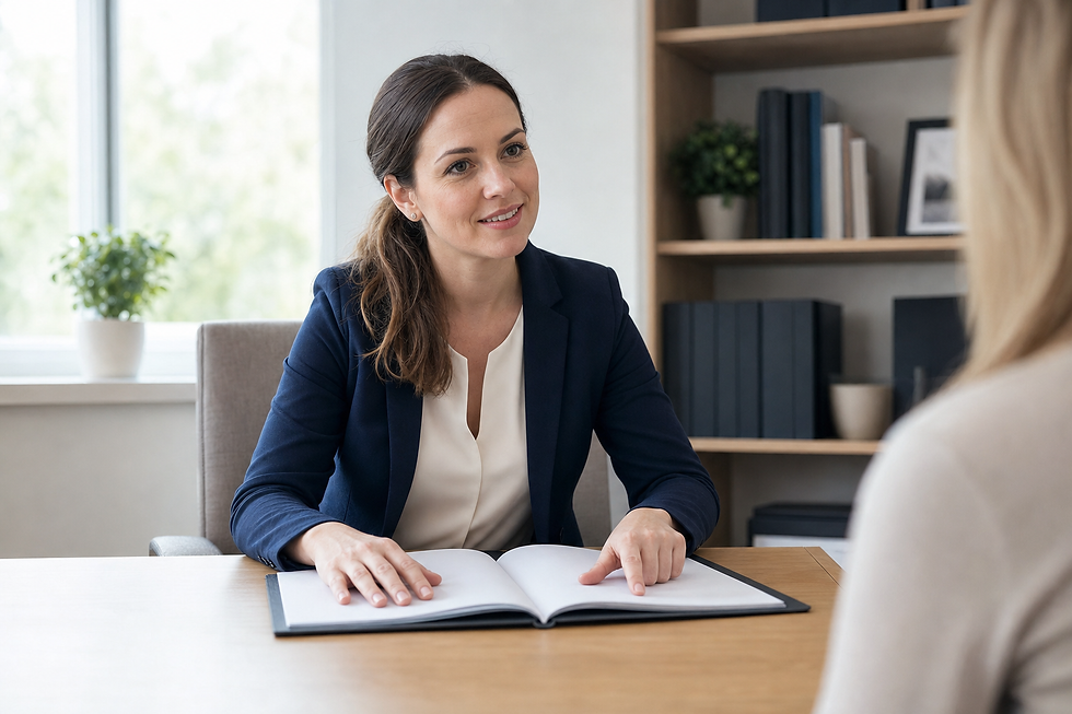 A professional woman in a suit discusses a document with another person in an office setting.
