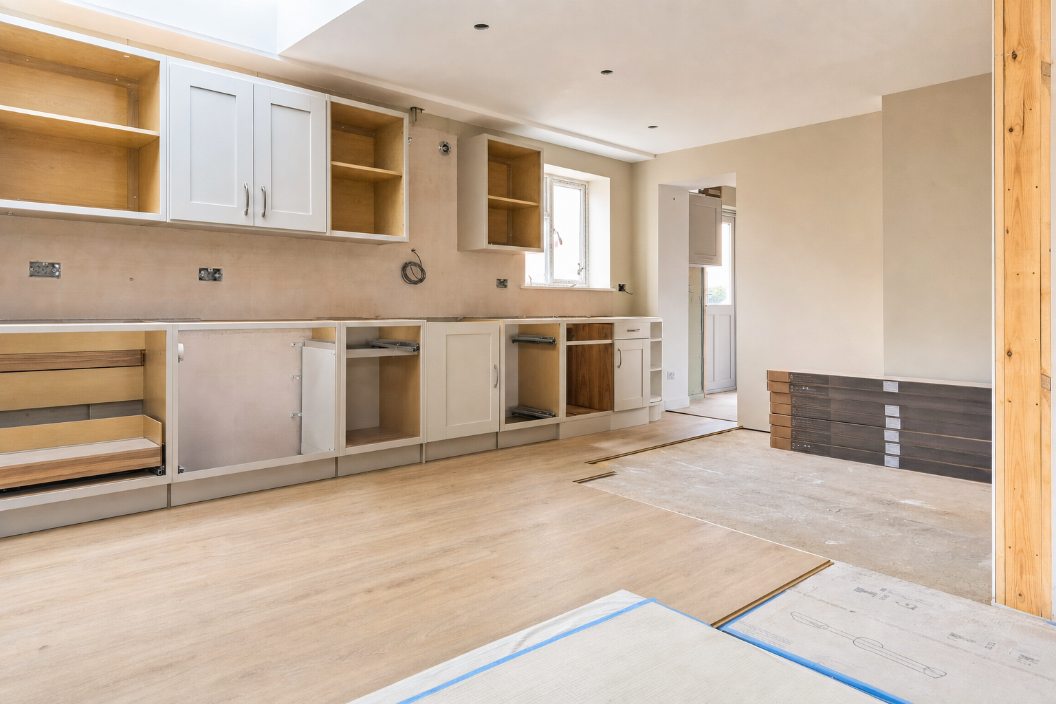 A partially renovated kitchen with new white cabinets, open shelving, and wood flooring ready to be installed.