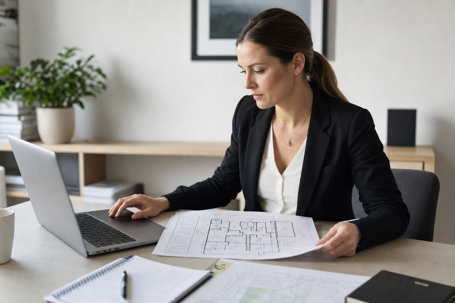 A woman in a suit reviews architectural plans at a desk with a laptop and notebook.