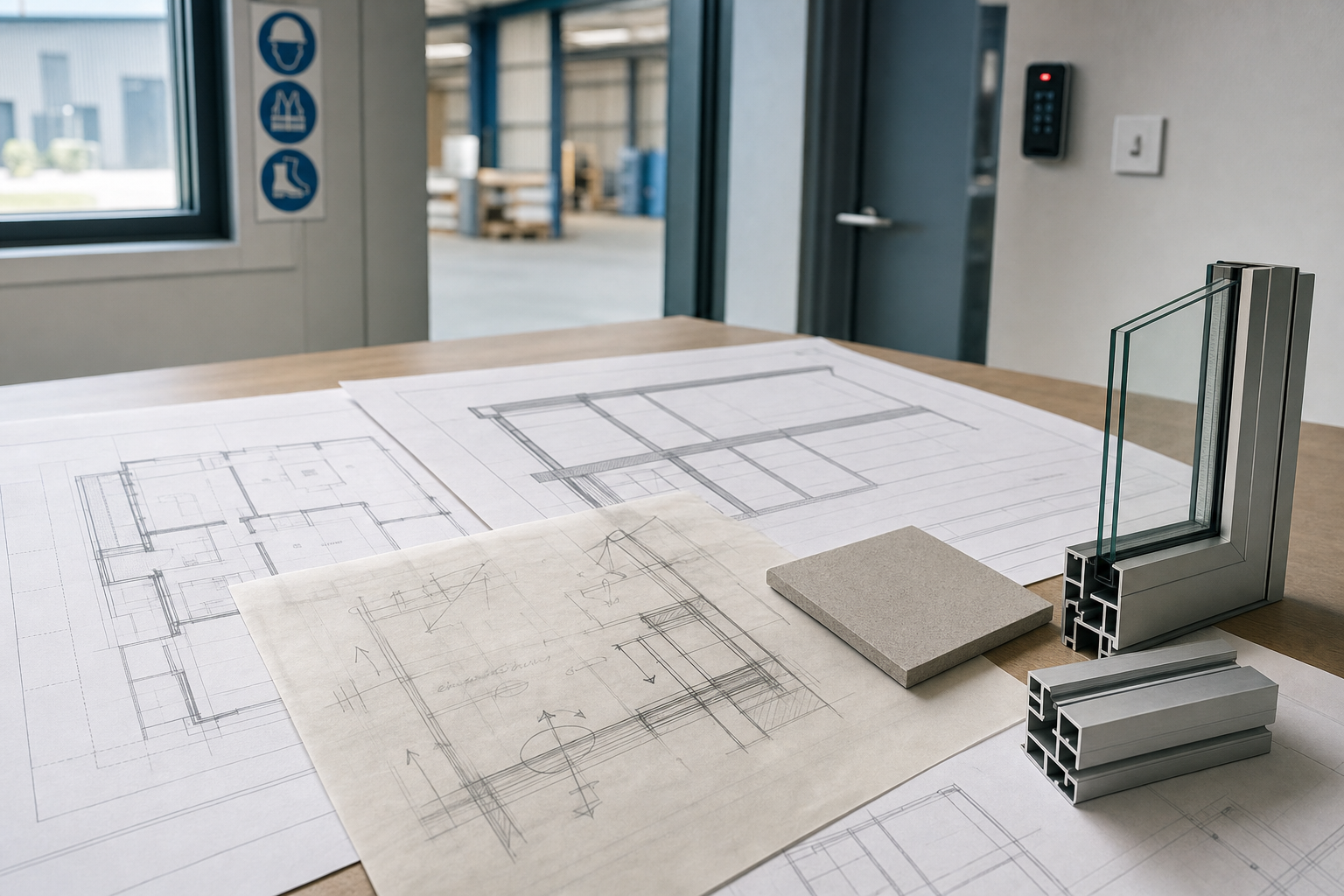 Architectural blueprints on a table with a window frame sample and material swatch in a modern office setting.