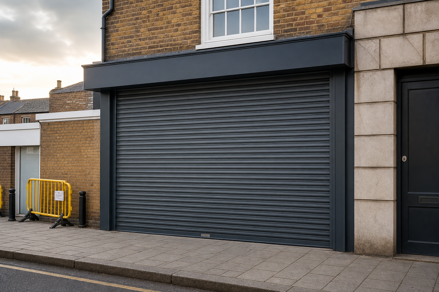 Gray roller shutter door on a brick building with a yellow barrier nearby.