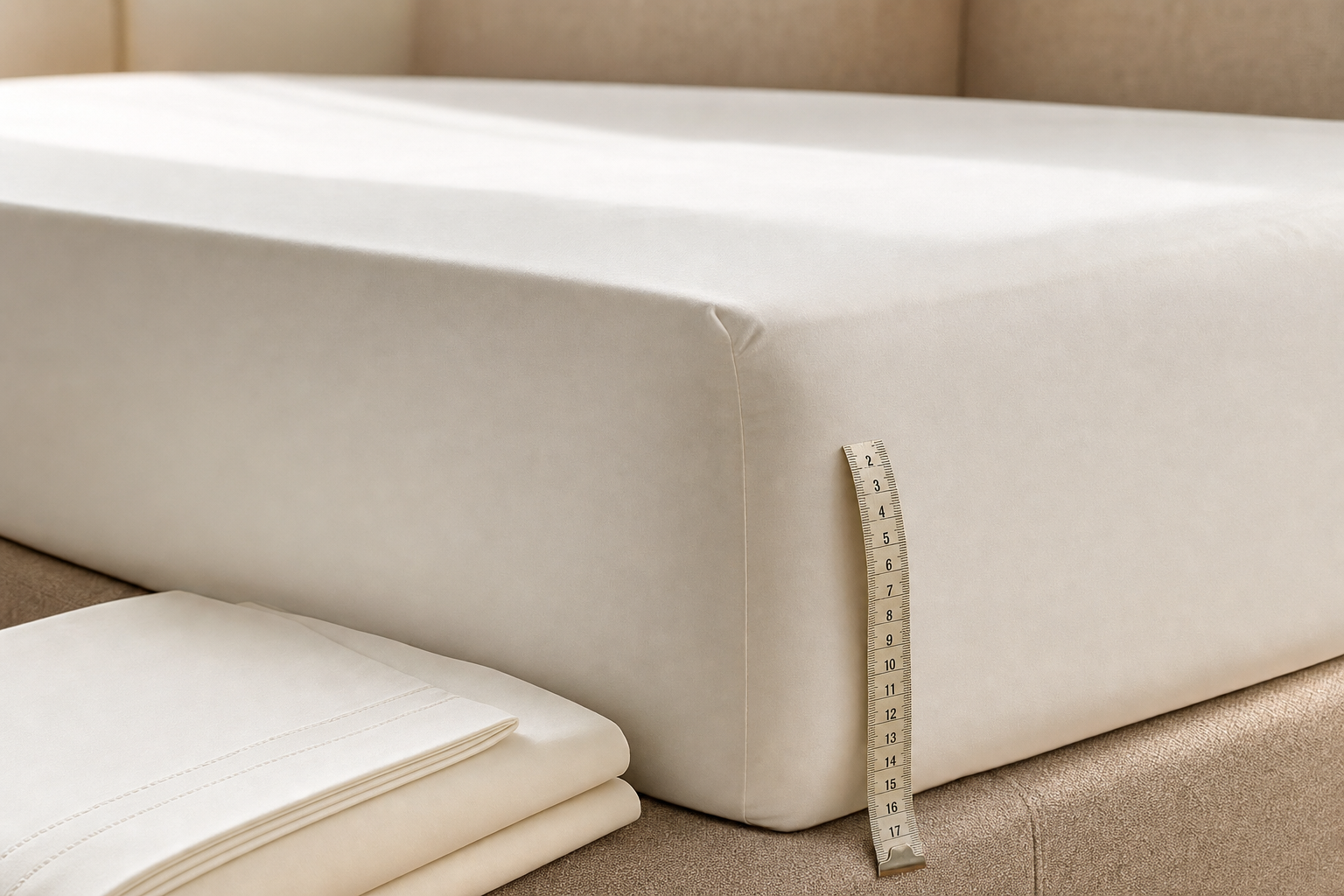 A tape measure is shown next to a beige mattress, with folded sheets beside it.