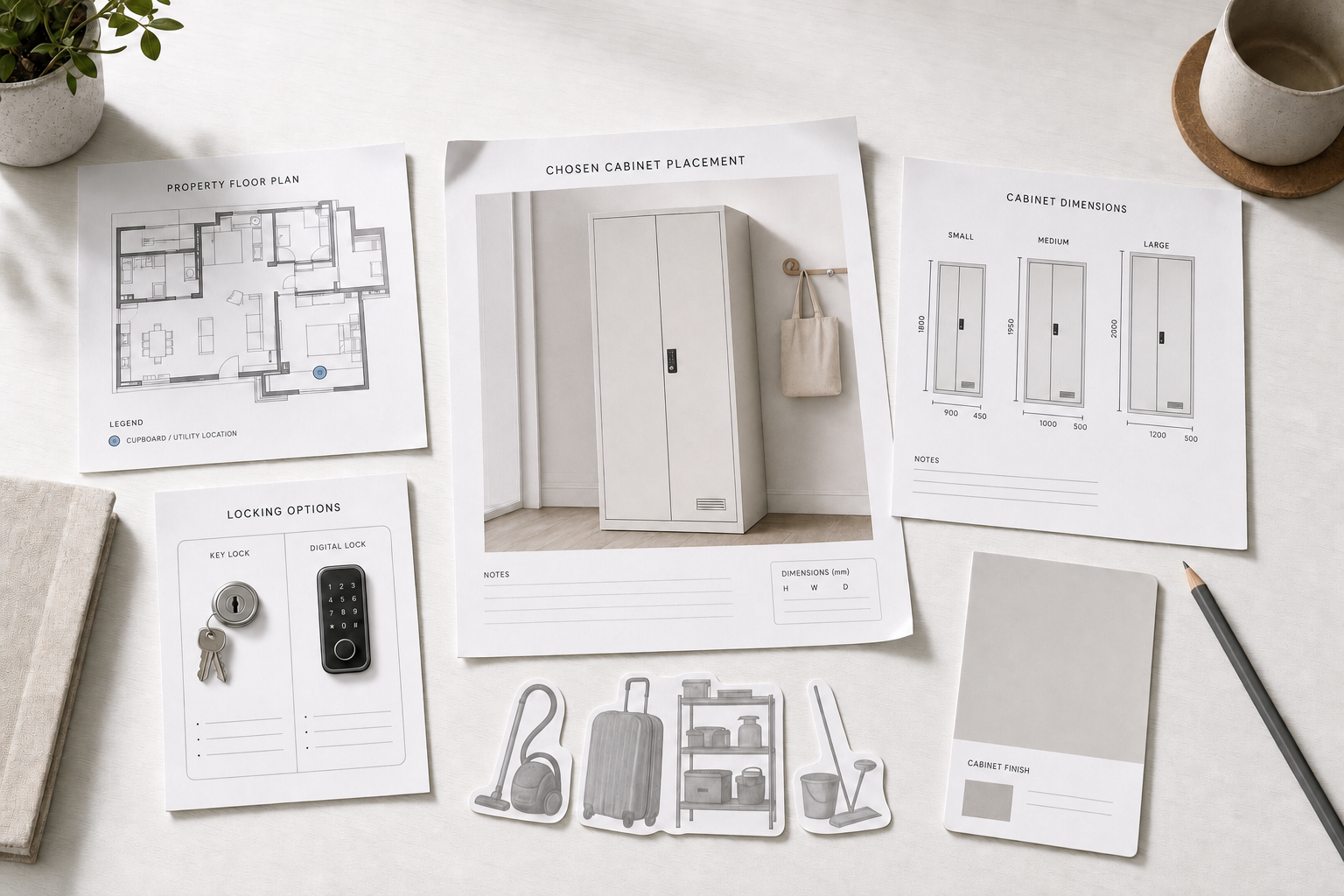 Layouts and options for cabinet installation on a table, featuring floor plans, locking systems, and cabinet dimensions.