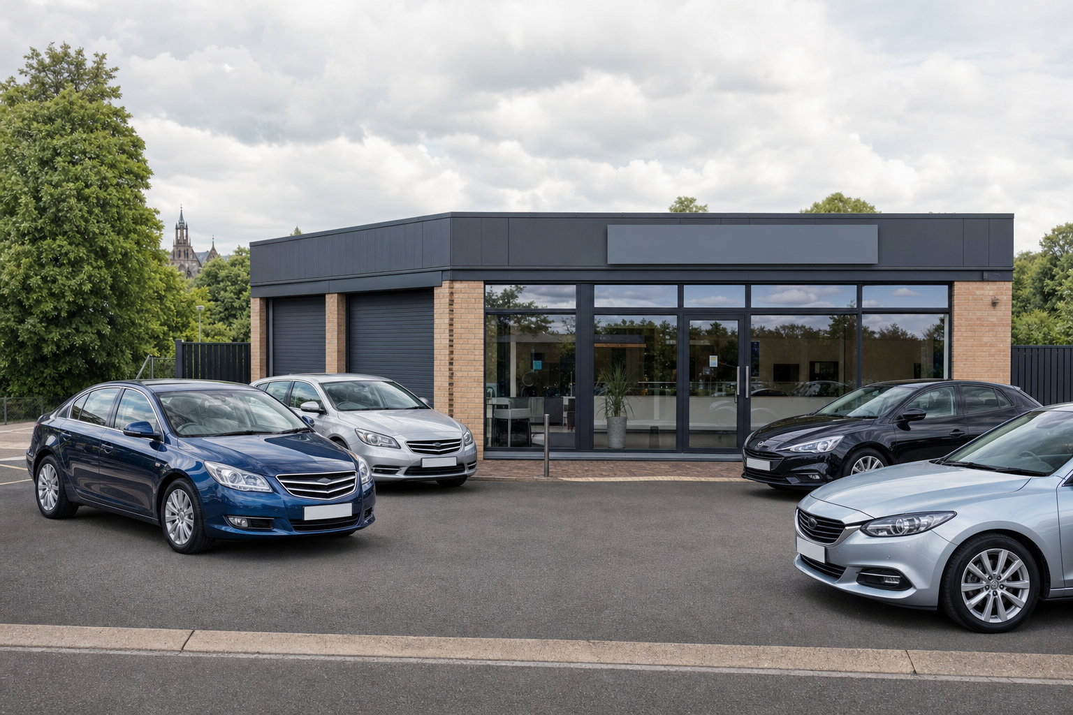 Four cars parked outside a modern car dealership surrounded by greenery.