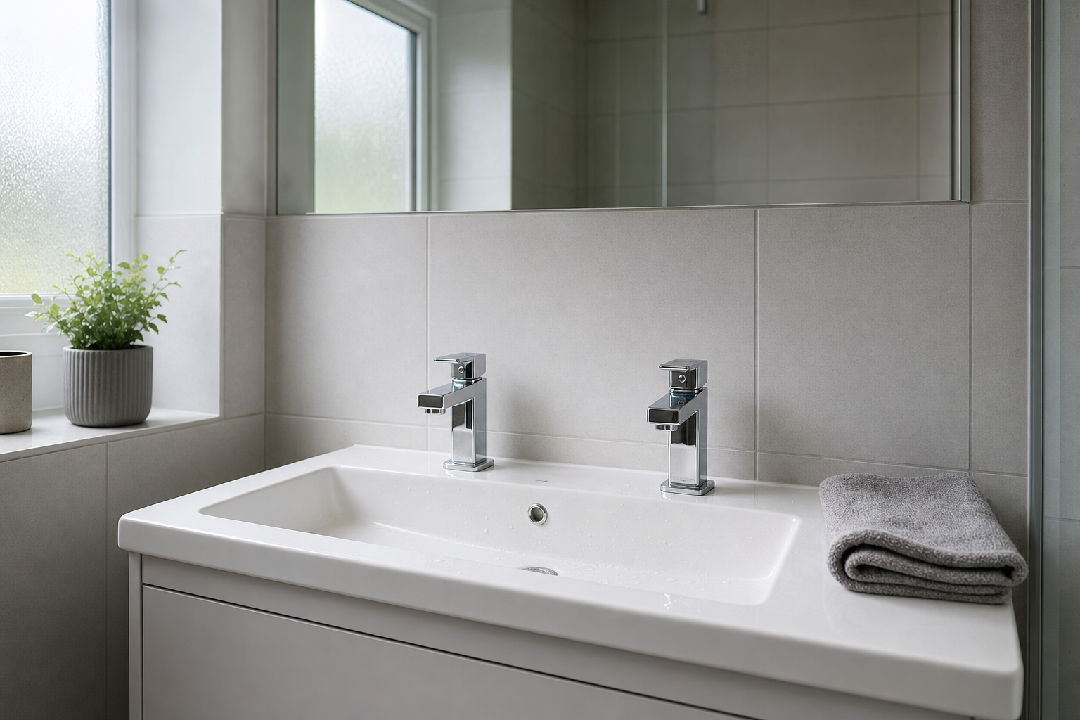 Modern bathroom vanity with chrome taps, a folded grey towel, and a potted plant on the windowsill.