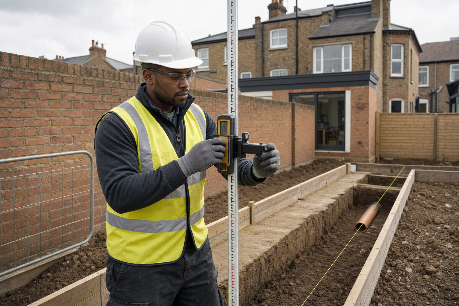 Construction worker in high-vis vest and hard hat using a levelling tool on a building site.